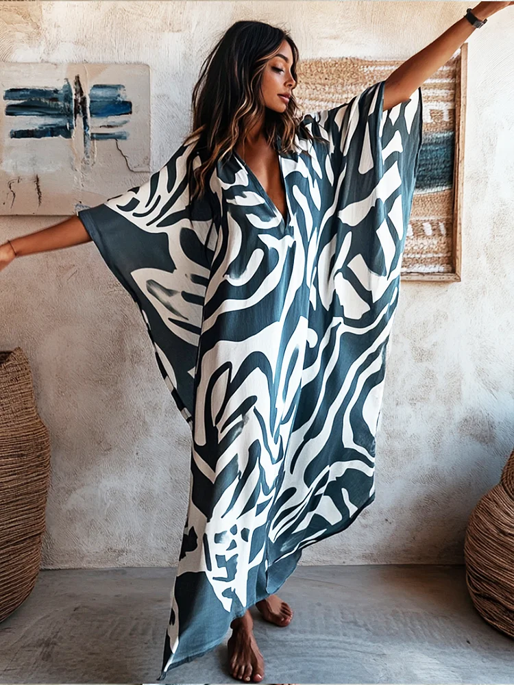 Brushstroke Art Blue Color Linen V-neck Long Kaftan