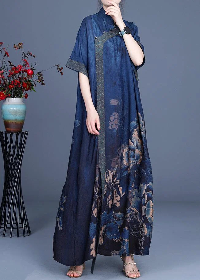 Classy Blue Print Patchwork Oriental Long Dress Summer