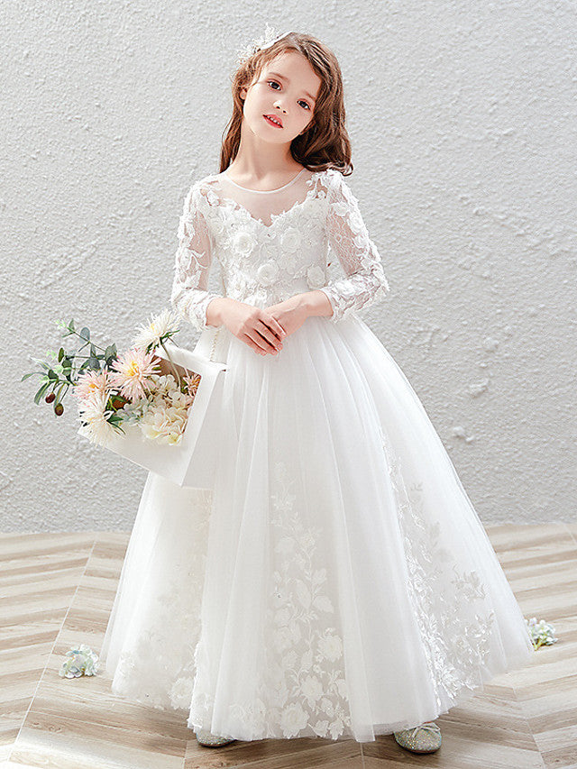 Oknass Ball Gown 3/4 Length Sleeve Jewel Neck Flower Girl Dress Tulle  With Pleats Appliques