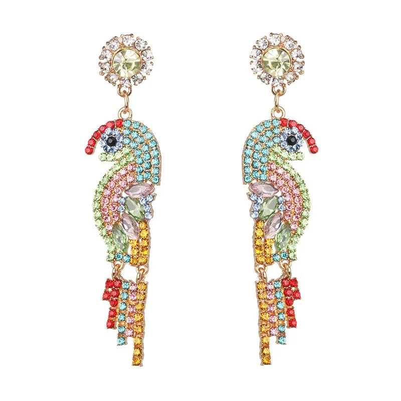 Dvacaman Bohemian Cute Fashion Animal Parrot Bird Drop Earrings Women Shiny Rhinestone Fringed Statement Tassel Earrings Jewelry