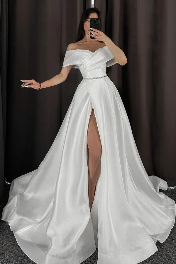 Sexy Off-The-Shoulder White A-Line Satin Wedding Dress With High Slit YL0327