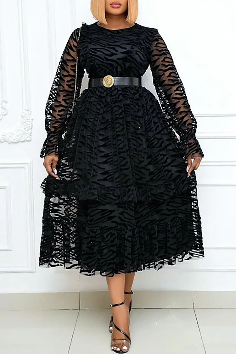 Zebra Print Lantern Sleeve Tulle Overlay A-Line Midi Dresses-Black