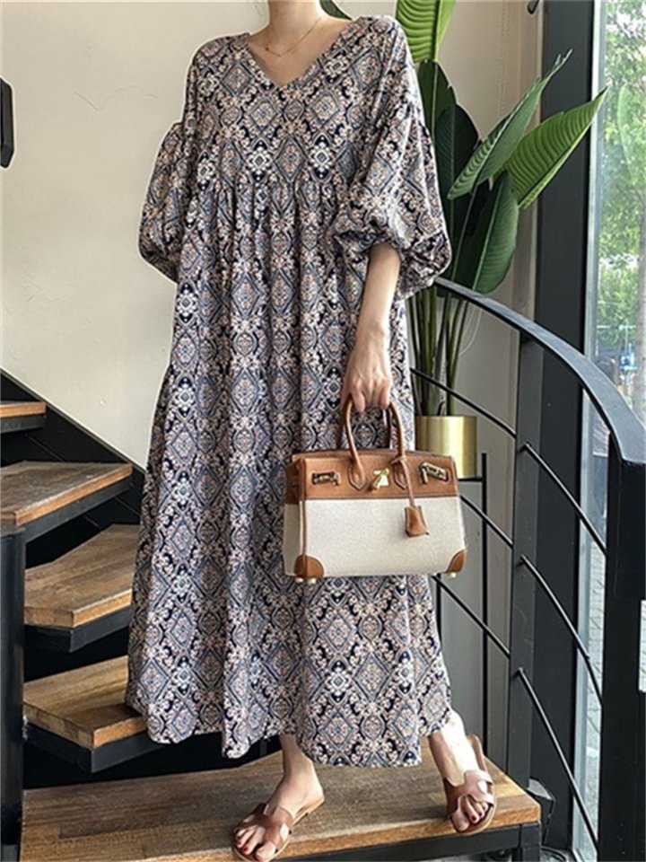 Printed V-neck Loose Swing Lantern Sleeve Dress -vasmok