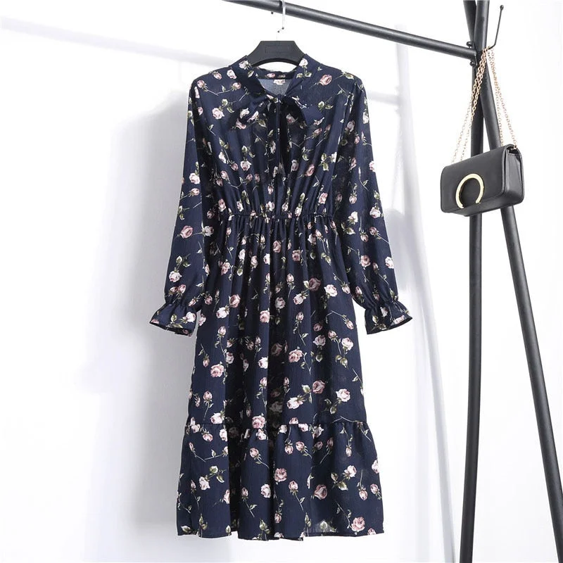 Autumn Chiffon Shirt Dresses Long Sleeve Polka Dot Plaid Office Vintage Dress 2022 Women Summer Casual Midi Floral Dress Vestido