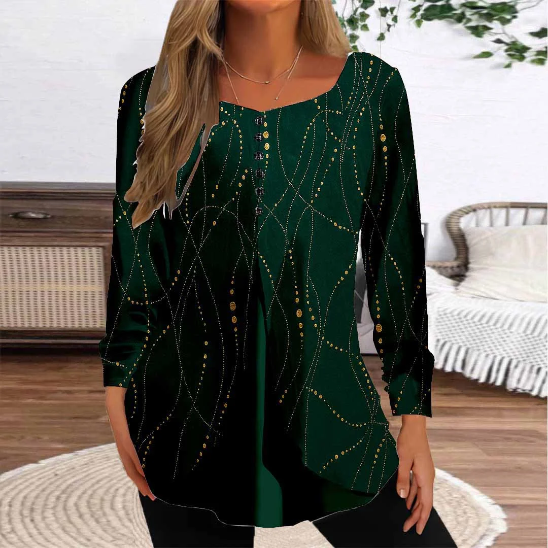 Women Striped,Green DZGG8279 Long Sleeve Scoop Neck Printed Graphic Button Fake 2in1 Tops