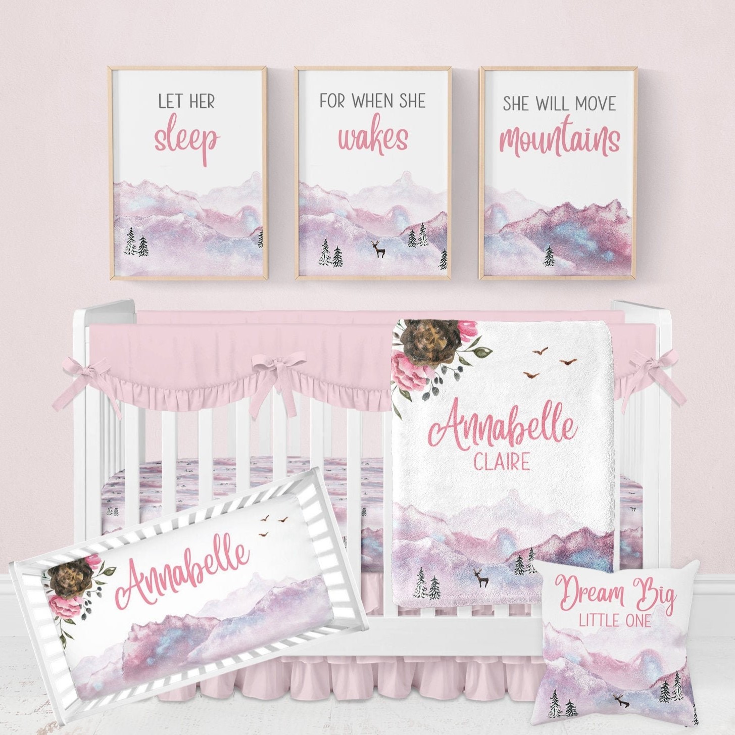 Baby Girl Mountain Nursery Bedding, Girl Woodland Crib Bedding Set BS047