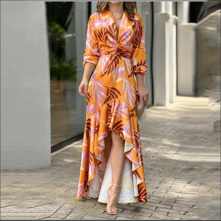 Brownm Brownm Fashion Women's Wear Ins Fashion Print Lace-Up Temperament Elegant Slit Dress