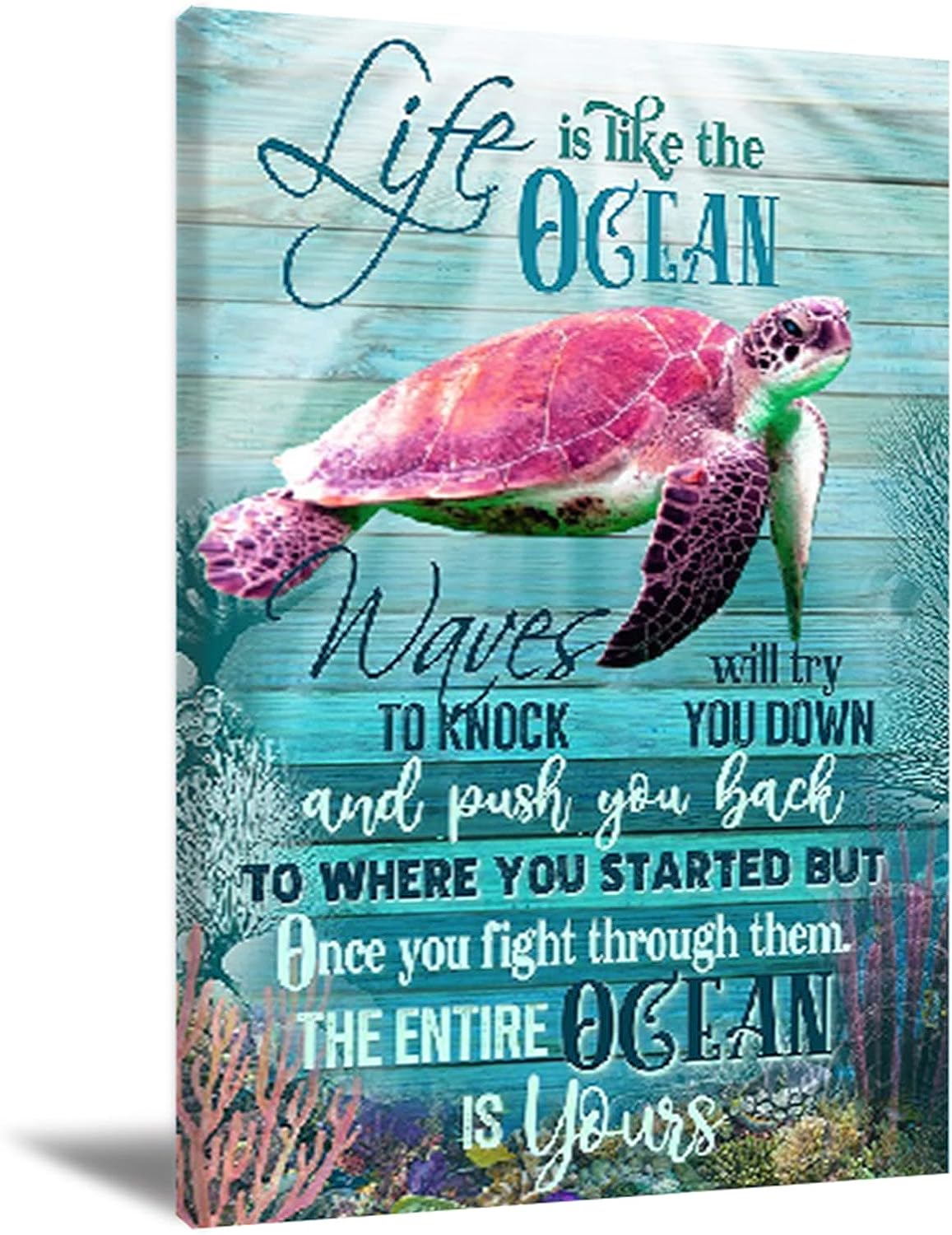 Sea Turtle Wall Art Ocean Sea Turtle Bathroom Wall Decor Life Inspirational Quotes Painting Beach Themed Canvas Print Artwork Nautical Bathroom Decor for Living Room Bedroom 16x24inch Unframed Unframed