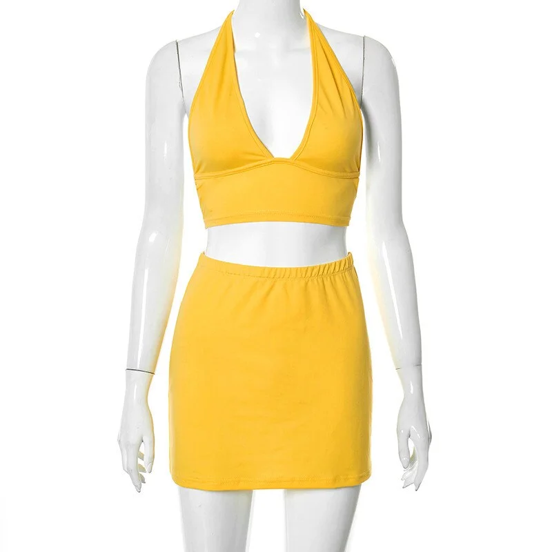 2023 Summer Yellow Suit  V-neck Sleeveless Lace Up Backless Top Fashion fashion High Street Navel Women's Mini Skirt