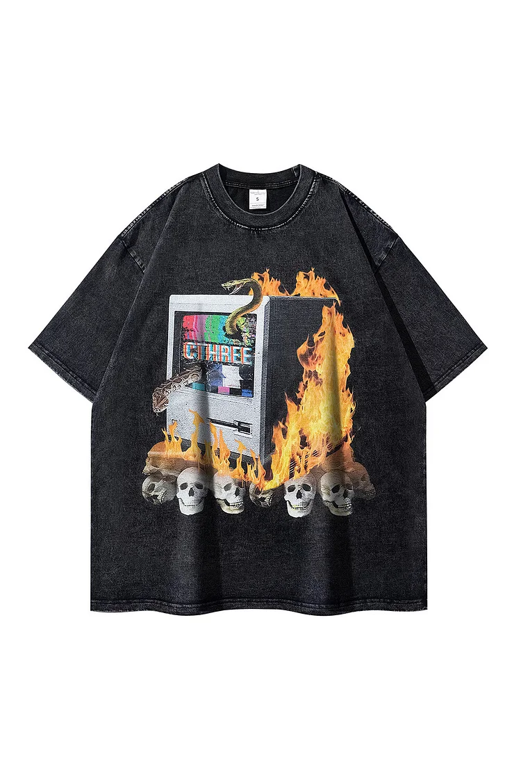 Flame Skulls Print Round Neck Short Sleeve Casual T-shirt-Black