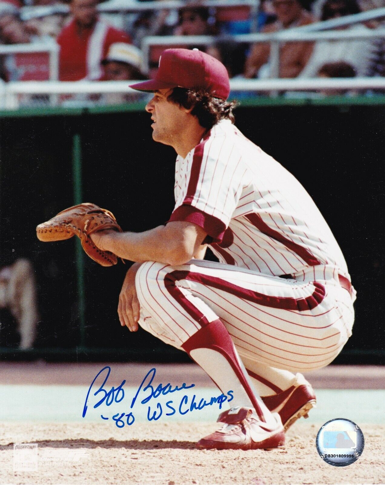 BOB BOONE PHILADELPHIA PHILLIES 1980 WS CHAMPS ACTION SIGNED 8x10