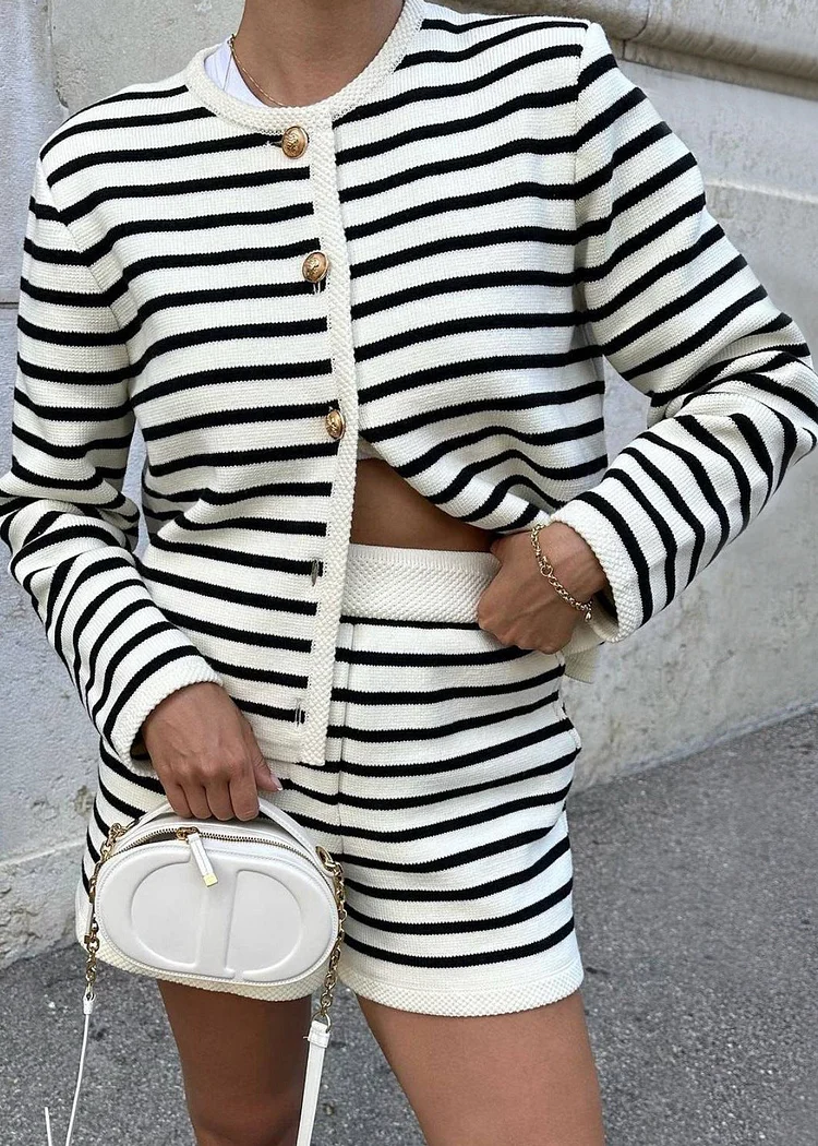 Women White O Neck Striped Knit Two Pieces Set Fall