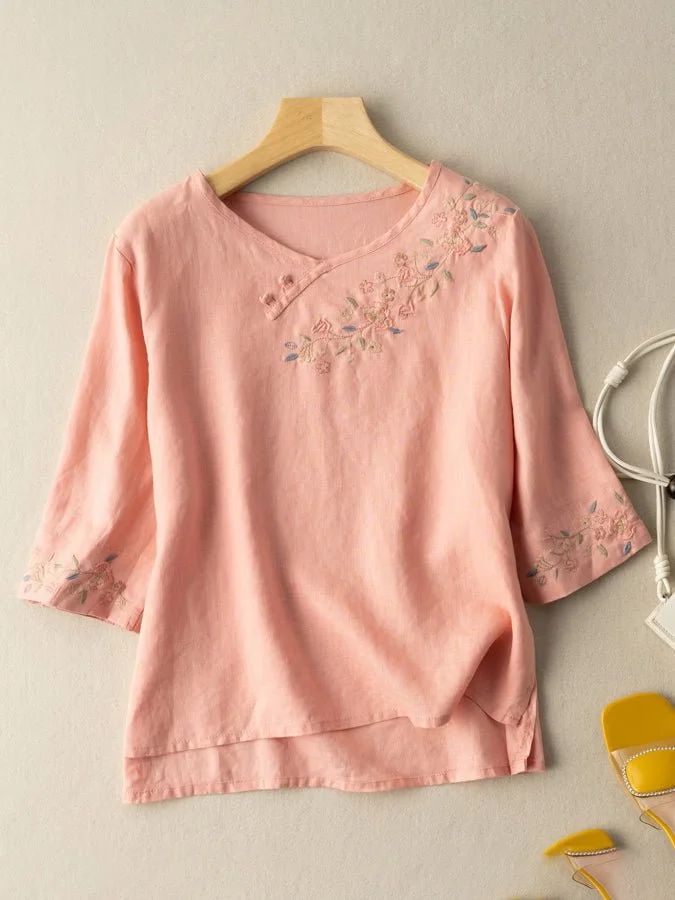 Women's Linen Flower Embroidery Retro Top