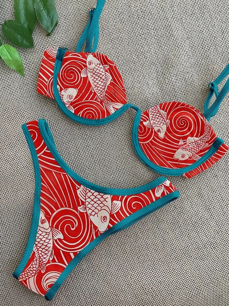 Auspicious carp print split swimsuit