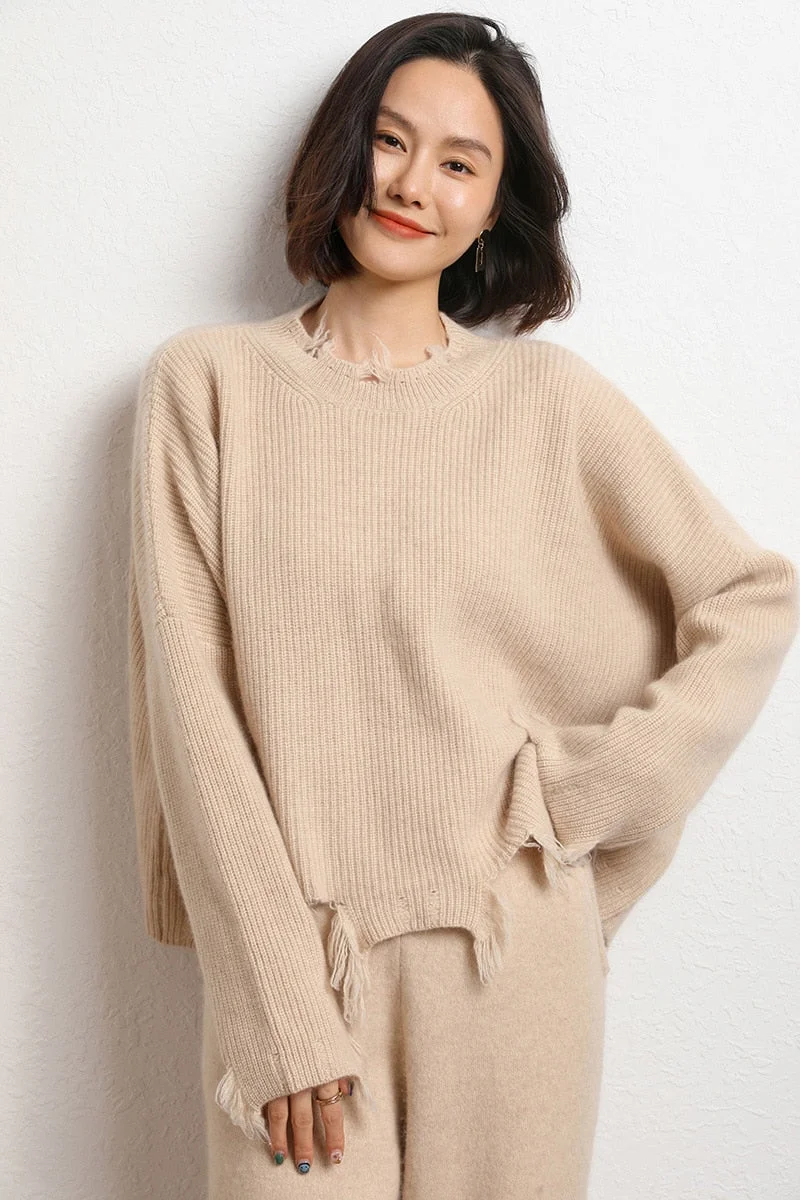 Sonicelife 2023 Autumn and Winter Women's New Irregular Raw Edge Round Neck Short Tassel Cashmere Sweater