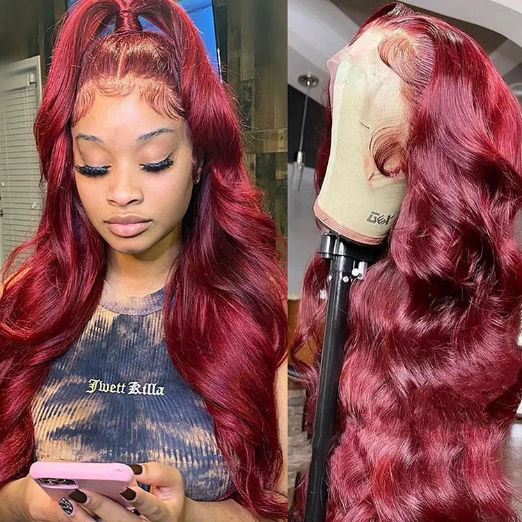 All Wigs Under $100 |   99J Burgundy Lace Closure Wig Body Wave Flash Sale