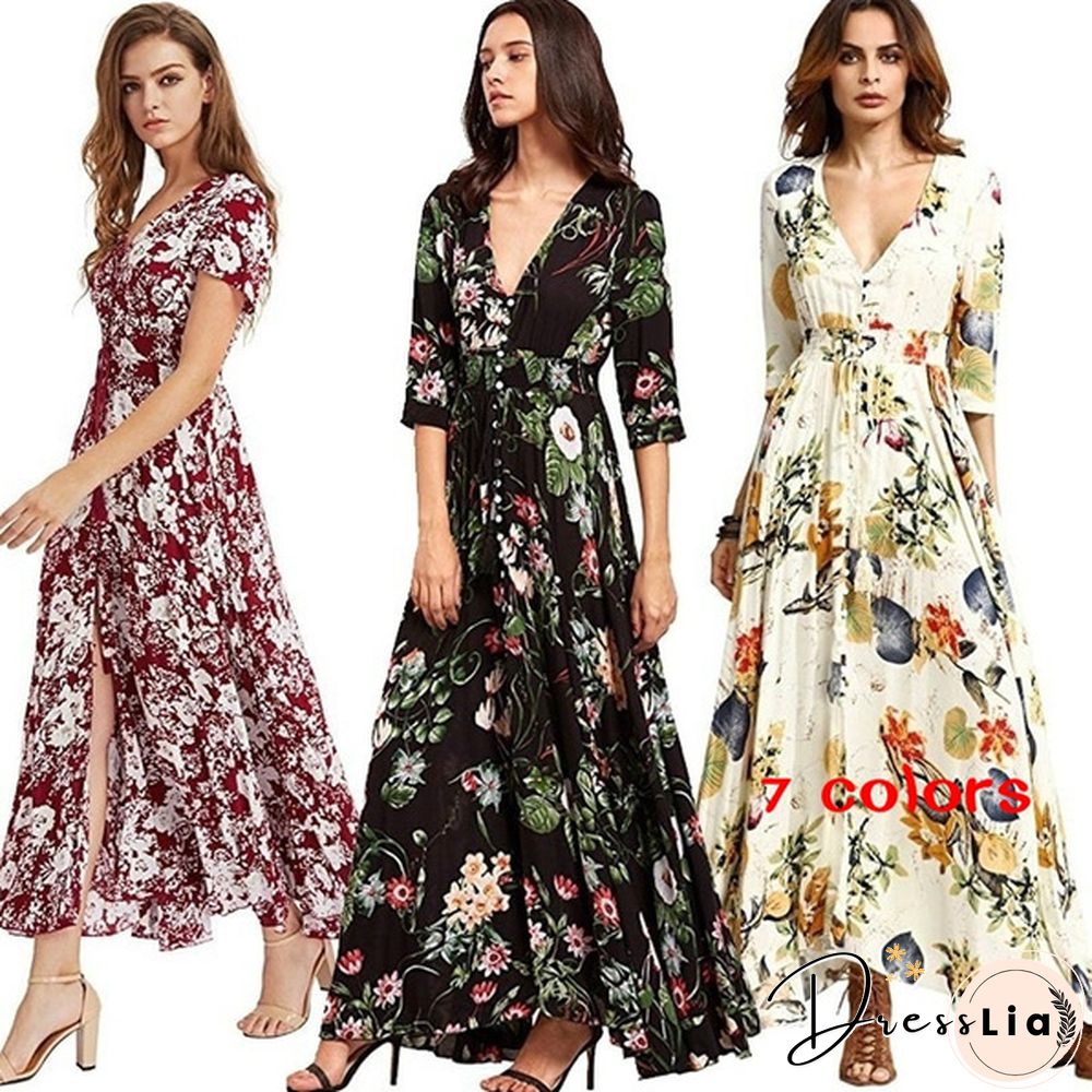 New Fashion Women's Dresses Dresses Women's Fashion Bohemian V-neck Print Large Swing Dress