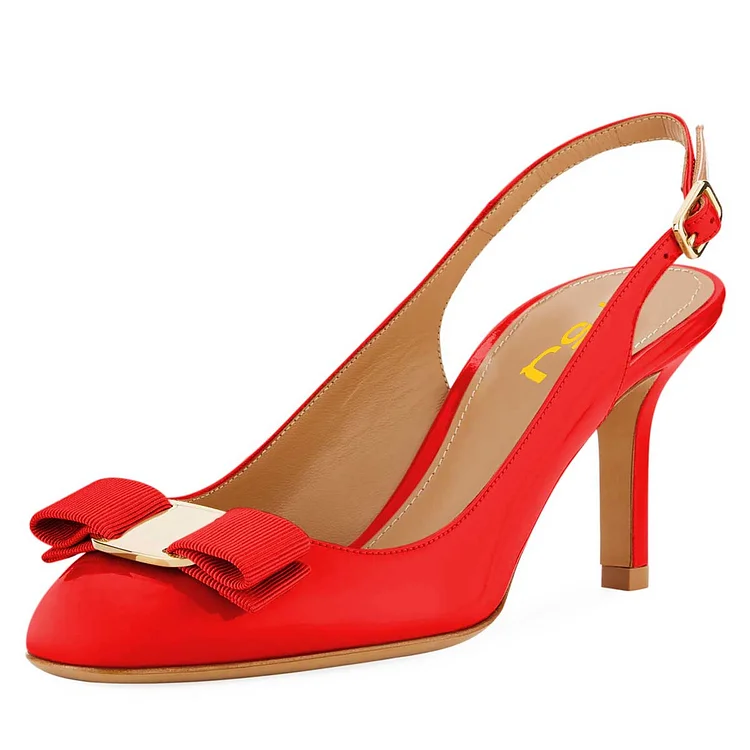 Red Patent Leather Bow Chunky Heel Slingback Pumps |FSJ Shoes