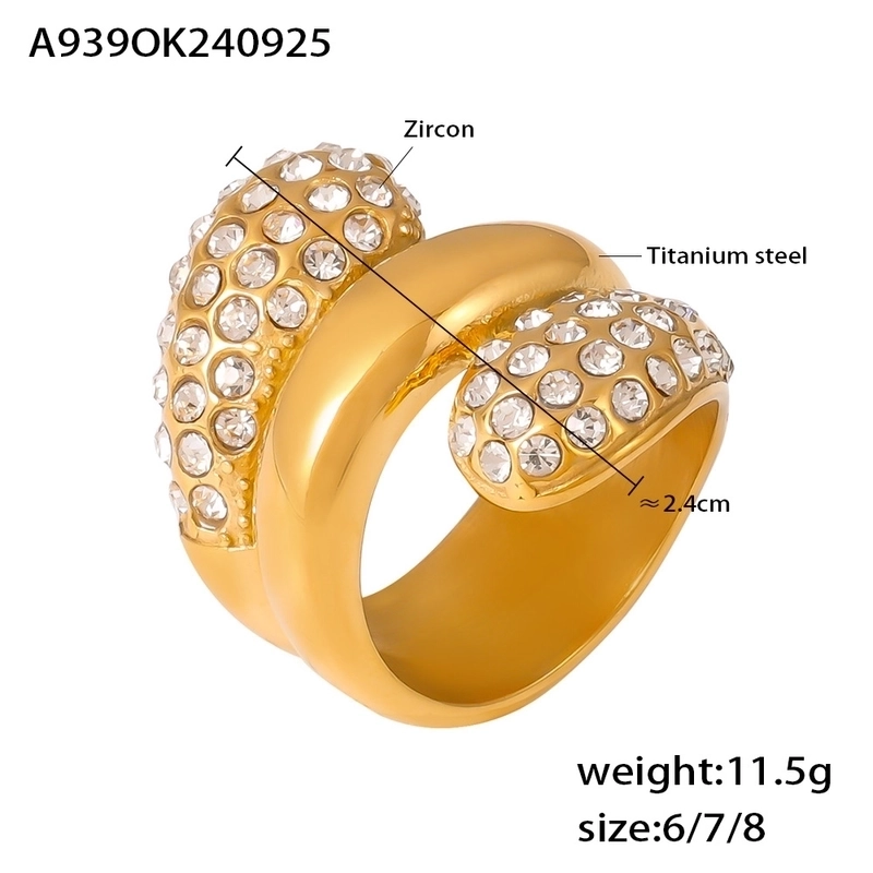 Elegant Luxurious Vacation Geometric Titanium Steel Rhinestones 18K Gold Plated Inlay Rings