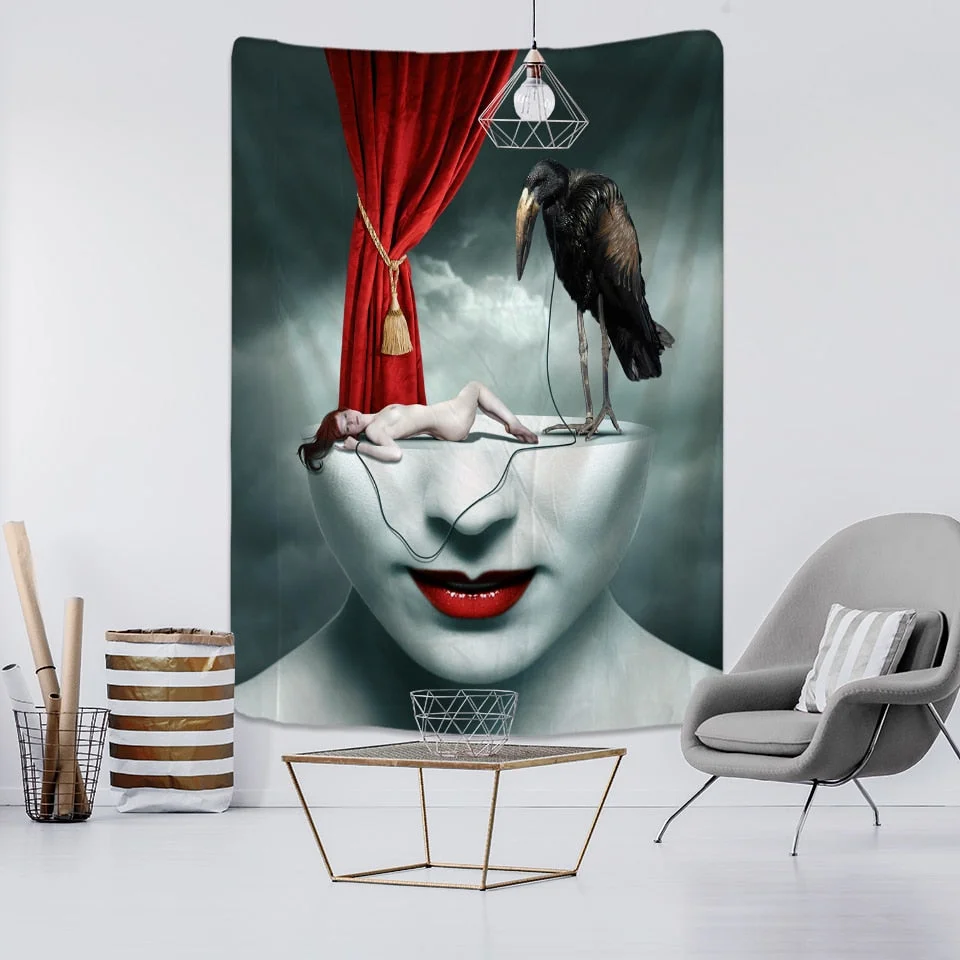 Landscape Woman Tapestry Wall Hanging Psychedelic Witchcraft Natural Mountains And Rivers Ink Painting Home Decor