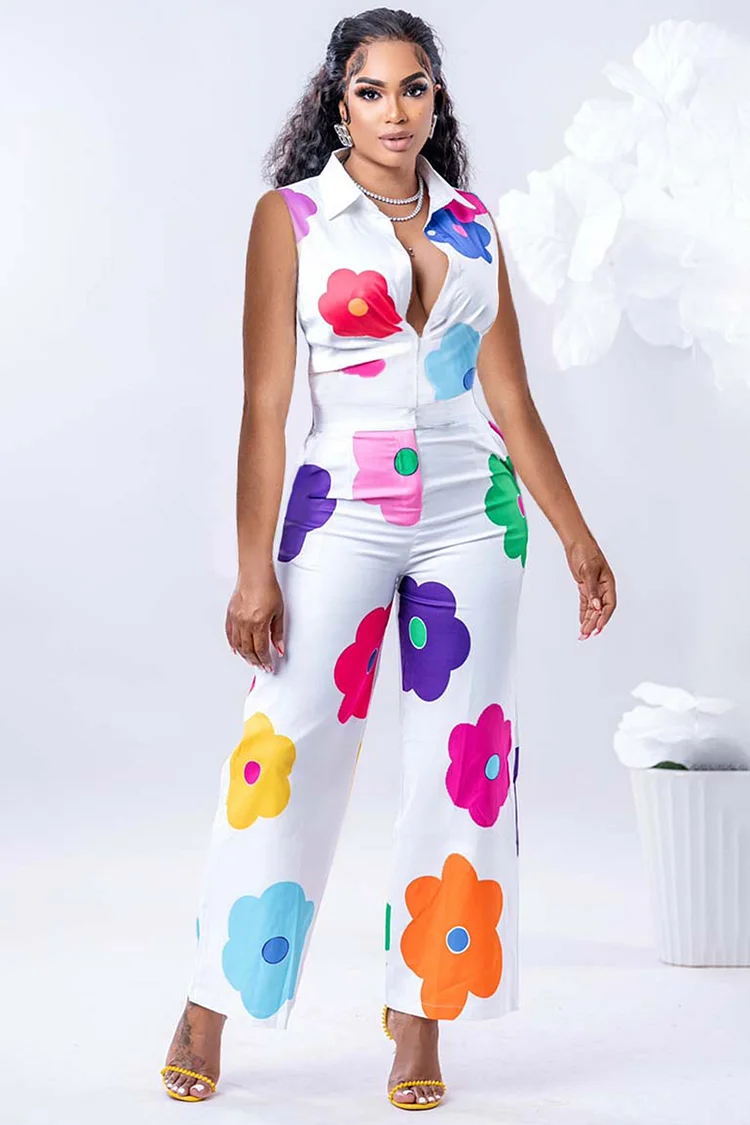 Multi-Colored Floral Print Sleeveless Straight Leg Blouse White Jumpsuit