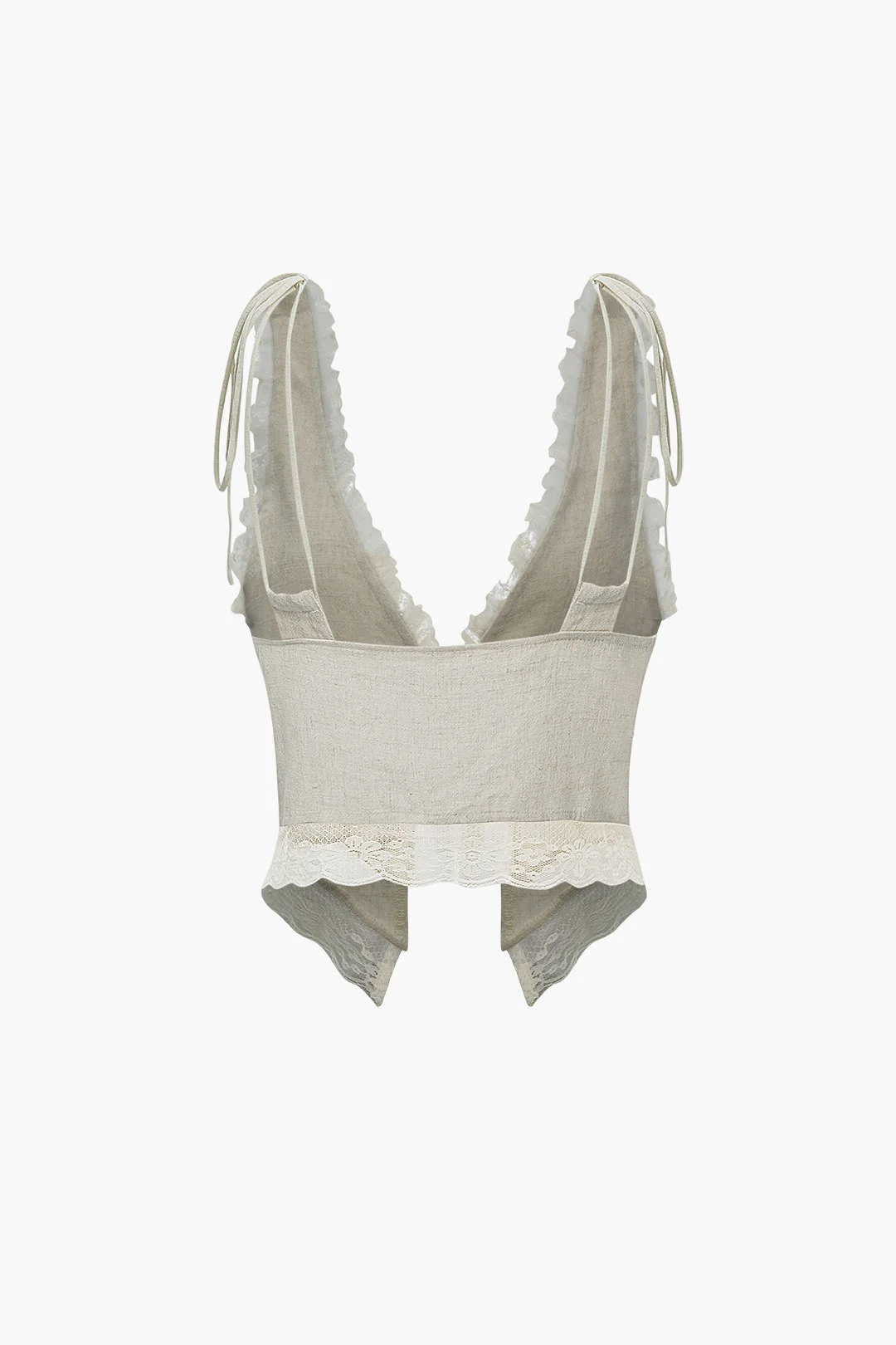 Brownm lace trim tank top with tie front