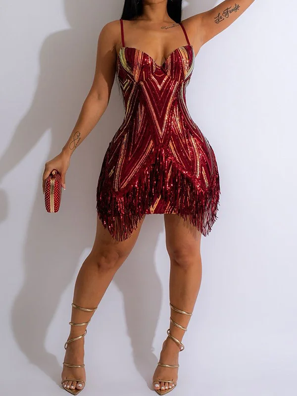 Spaghetti-Neck Tasseled Shiny Mini Dresses