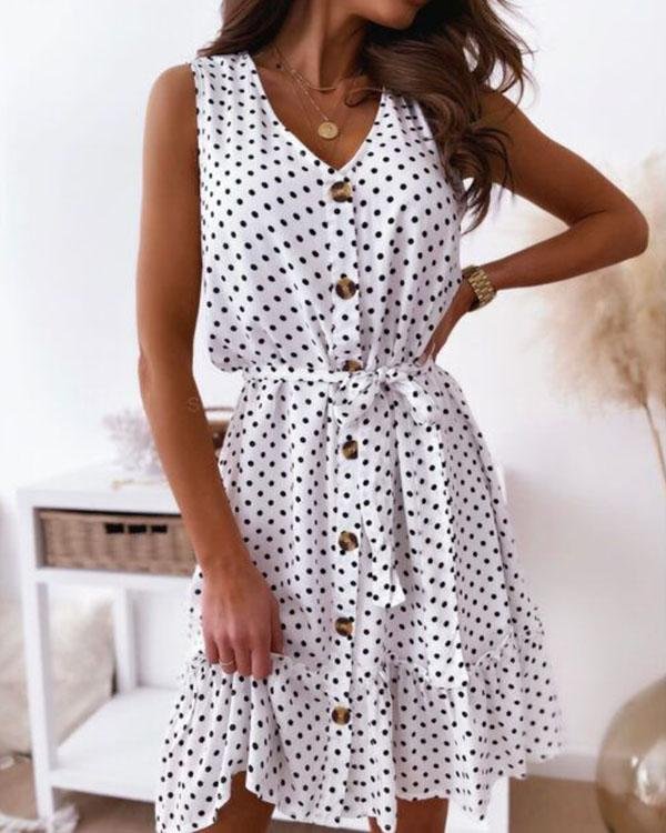 Cute Polka Dot Mini Dress V Neck Button Ruffle Dress - Chicaggo