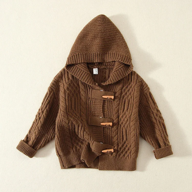 Toddler Horn Button Hooded Knitted Brown Coat