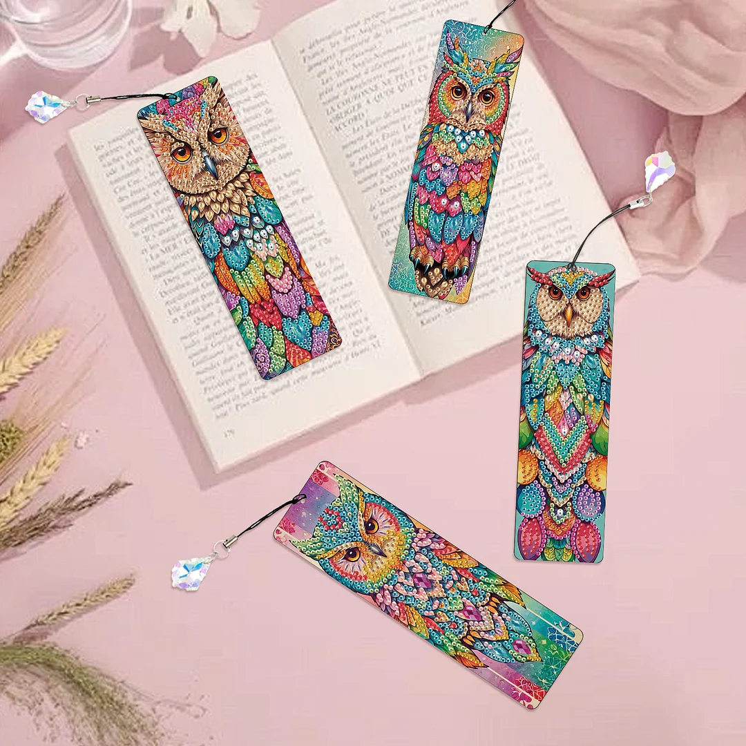 4Pcs Colorful Owl DIY Diamond Bookmark Art Projects Irregular Shaped Diamonds Diamond Painting Art Bookmarks with Crystal Pendants for DIY Making Beginners Adult Art Craft Supplies