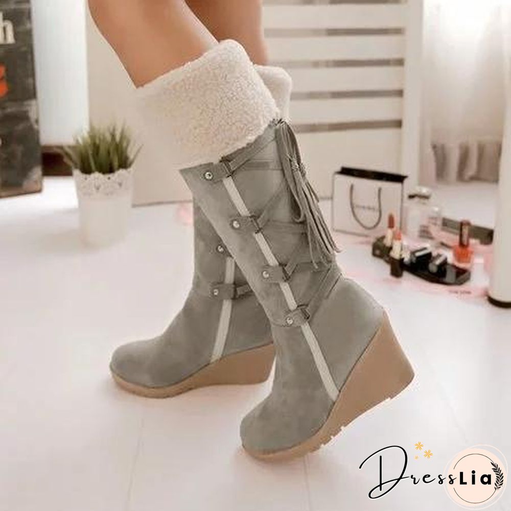 Womens Fashion Lace Round Toe Scrub High Heel Snow Boots