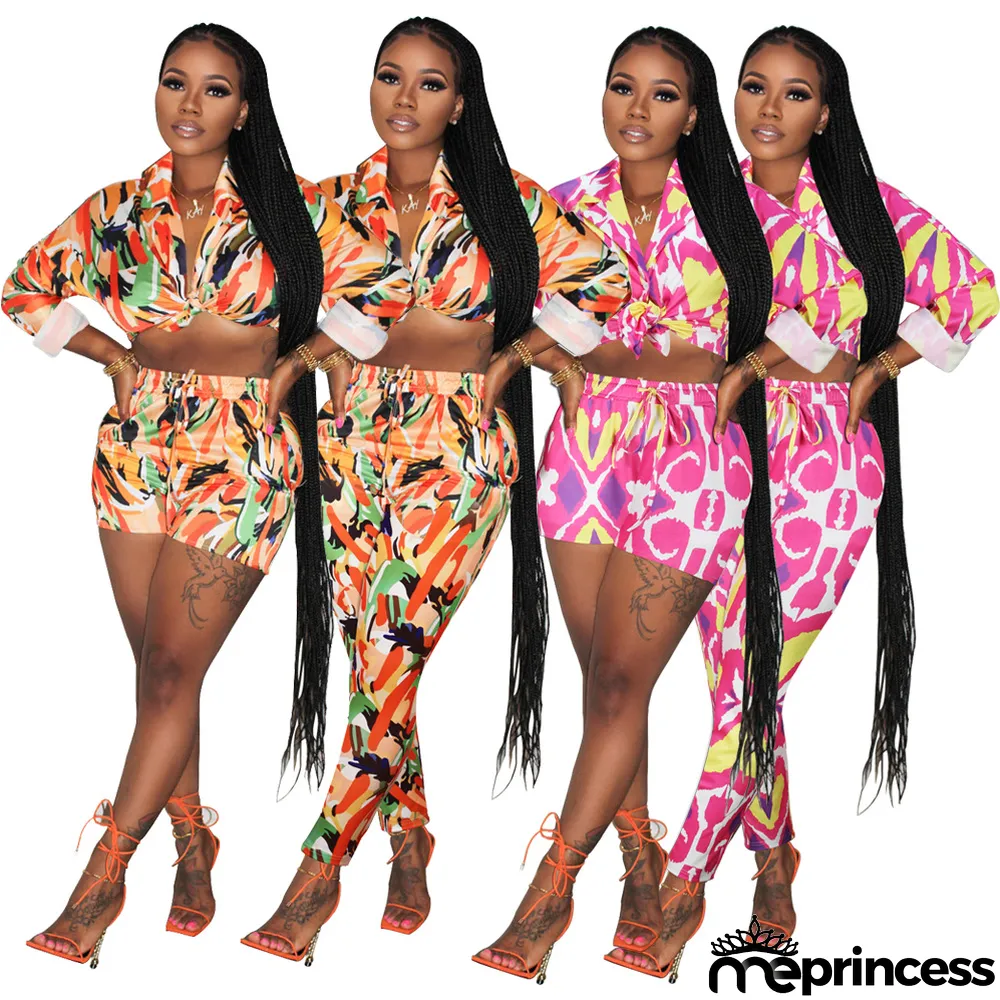 Spring/Summer Knotted Crop Print Turndown Collar Shirt Pants Suit Fall/Winter Women's Two Piece Set