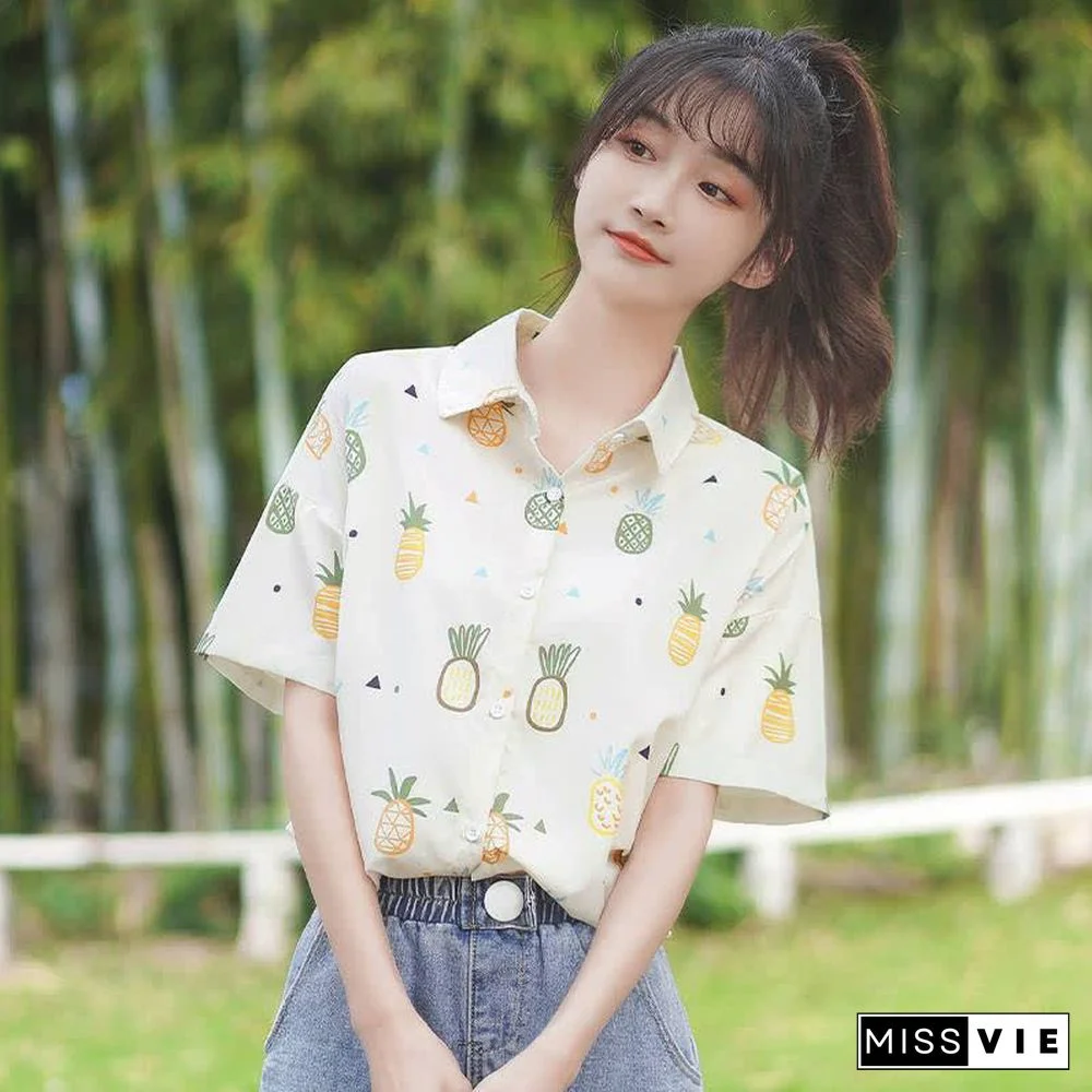 Vintage Pineapple Print Short Sleeve Casual Polo Shirt