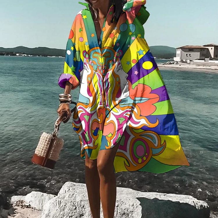 Hippie Kontrast Print Midi Kleid
