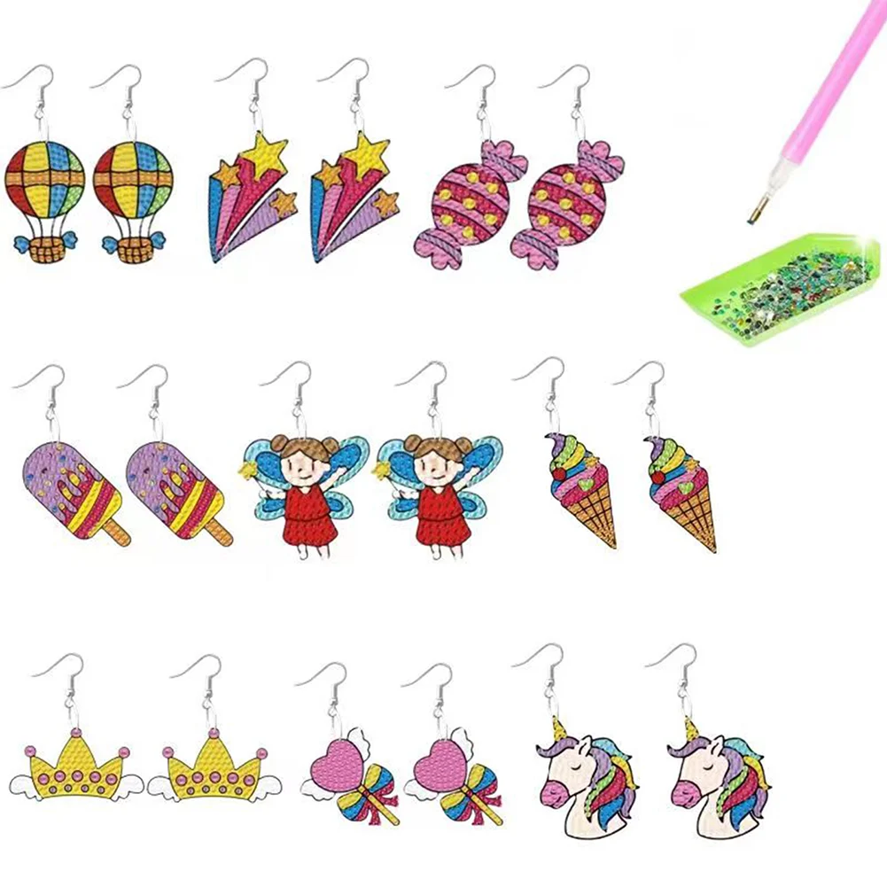 DIY 9 Pairs Candy Ice Cream Unicorn Double Sided Diamond Glitter Art Earring Kit Art