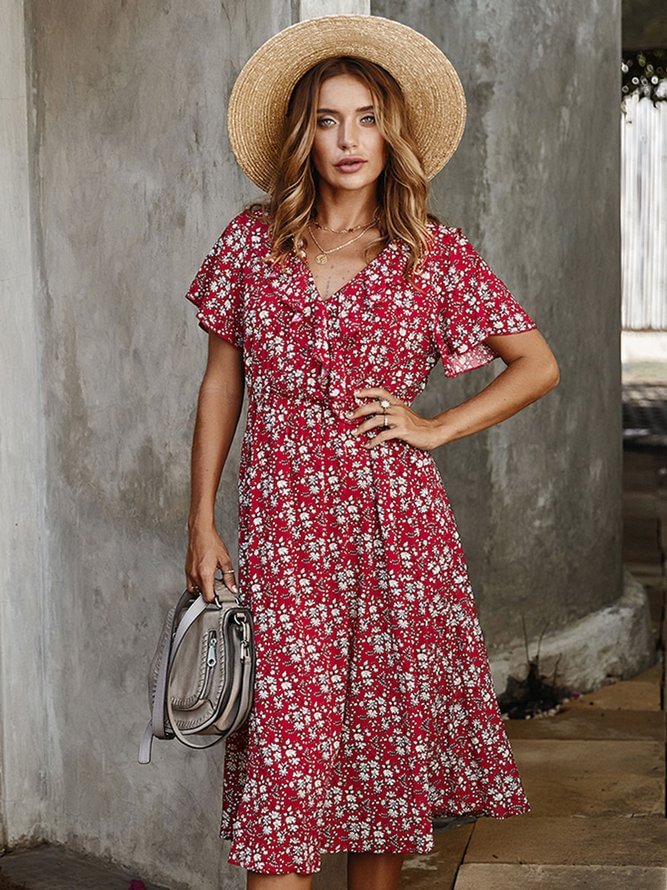 Holiday Short Sleeve Floral Dresses Zaesvini