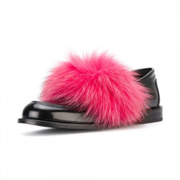 Black Round Toe Pink Furry Decorated Flat Loafer Shoes Women Nicepairs