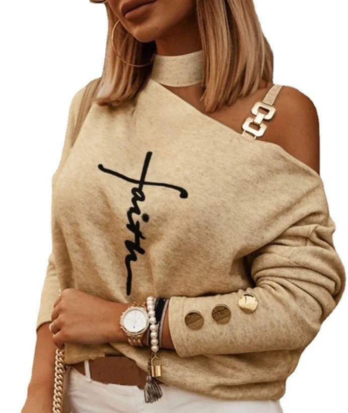 Mongw Mongw Street Style Irregular Shoulder Strap Nail Button Print Long Sleeve Off-Shoulder T-Shirt