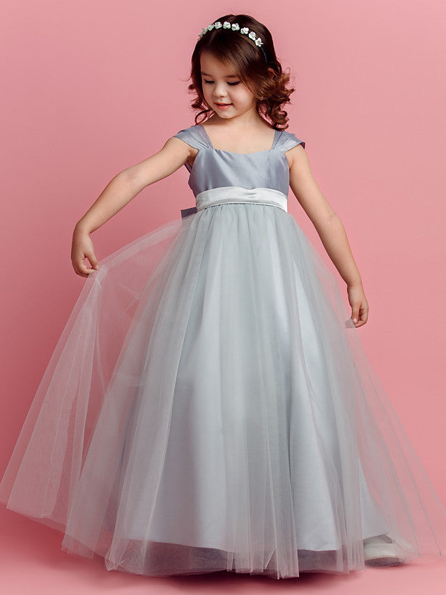Oknass Ball Gown Short Sleeve Square Neck Pageant Flower Girl Dress Taffeta Tulle With Sash  Ribbon  Bow