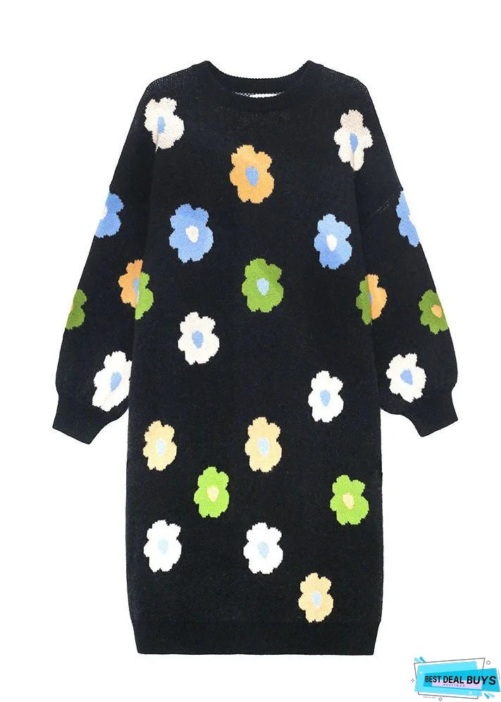 Plus Size Natural Black Floral thick Knit Dress Winter