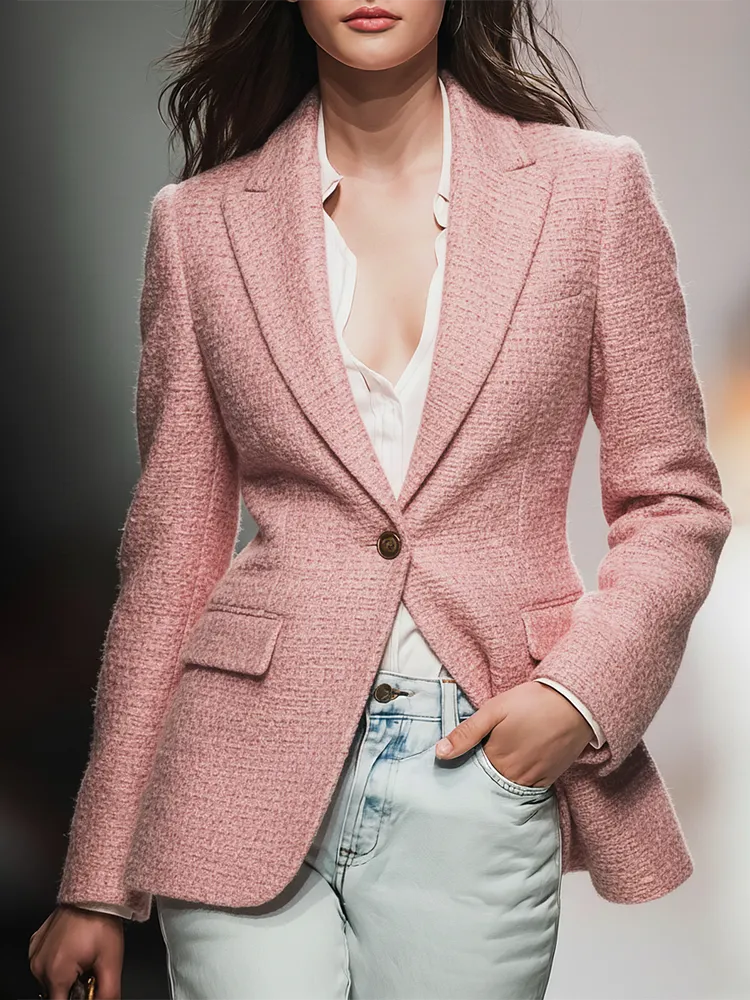 Urban Elegant Solid Color Multi-pocket Tweed Blazer