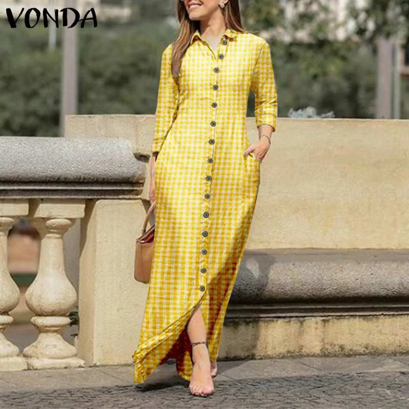 VONDA Women Long Sleeve Long Maxi Dress Summer Vintage Checked Plaid Turn Down Neck Shirt Dresses Button Up Party Vestidos Robe