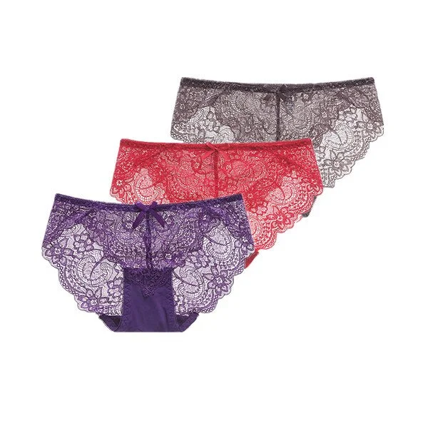 3Pcs/Lot Sexy Lace Underwear Women Transparent Low Waist Panties Cotton Crotch Briefs for Girls Breathable Seamless Lingeries