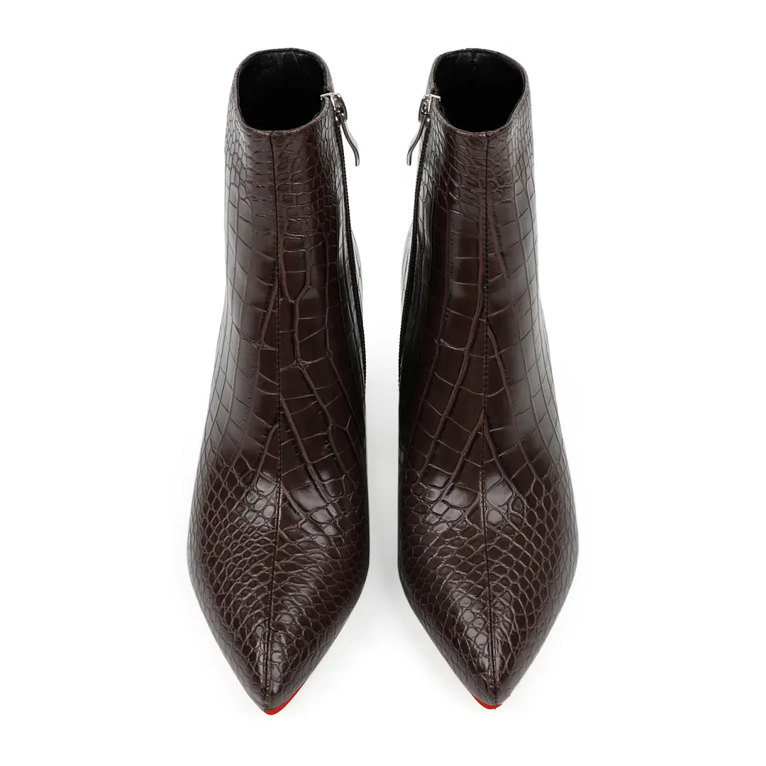 75mm Women's Zipper Pointed Toe Red Bottom Chunky Heel Ankle Boots-vocosishoes