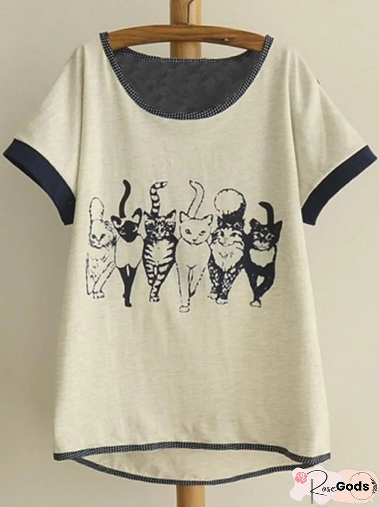 Paneled Short Sleeve Cotton Animal Top