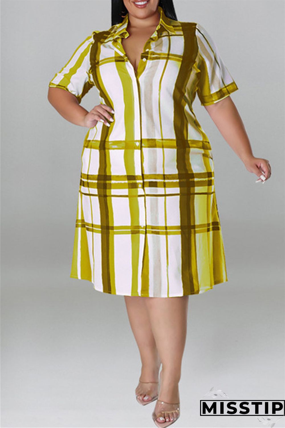 Blue Fashion Casual Plus Size Plaid Print Patchwork Turndown Collar Shirt Dress