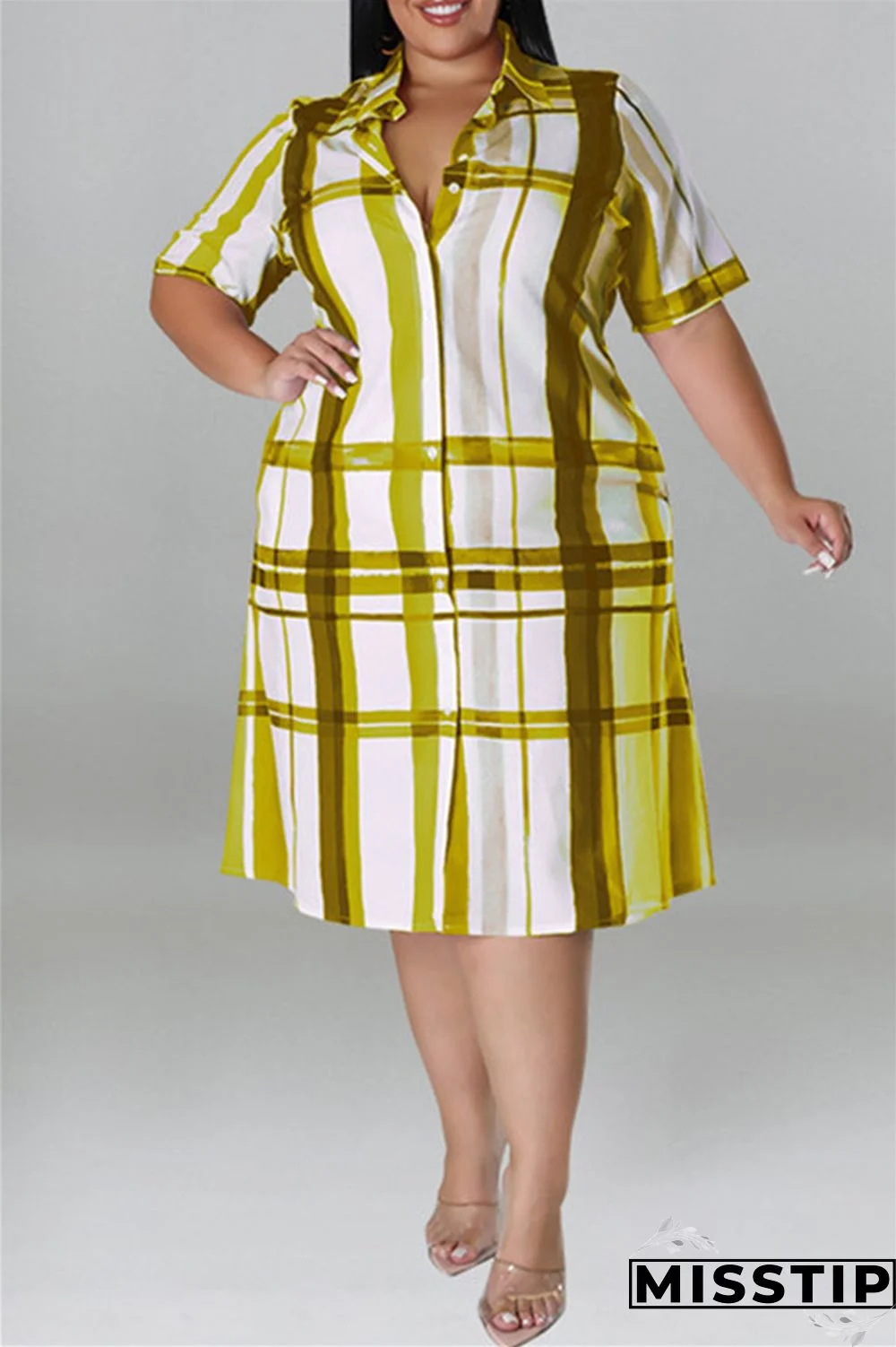 Blue Fashion Casual Plus Size Plaid Print Patchwork Turndown Collar Shirt Dress