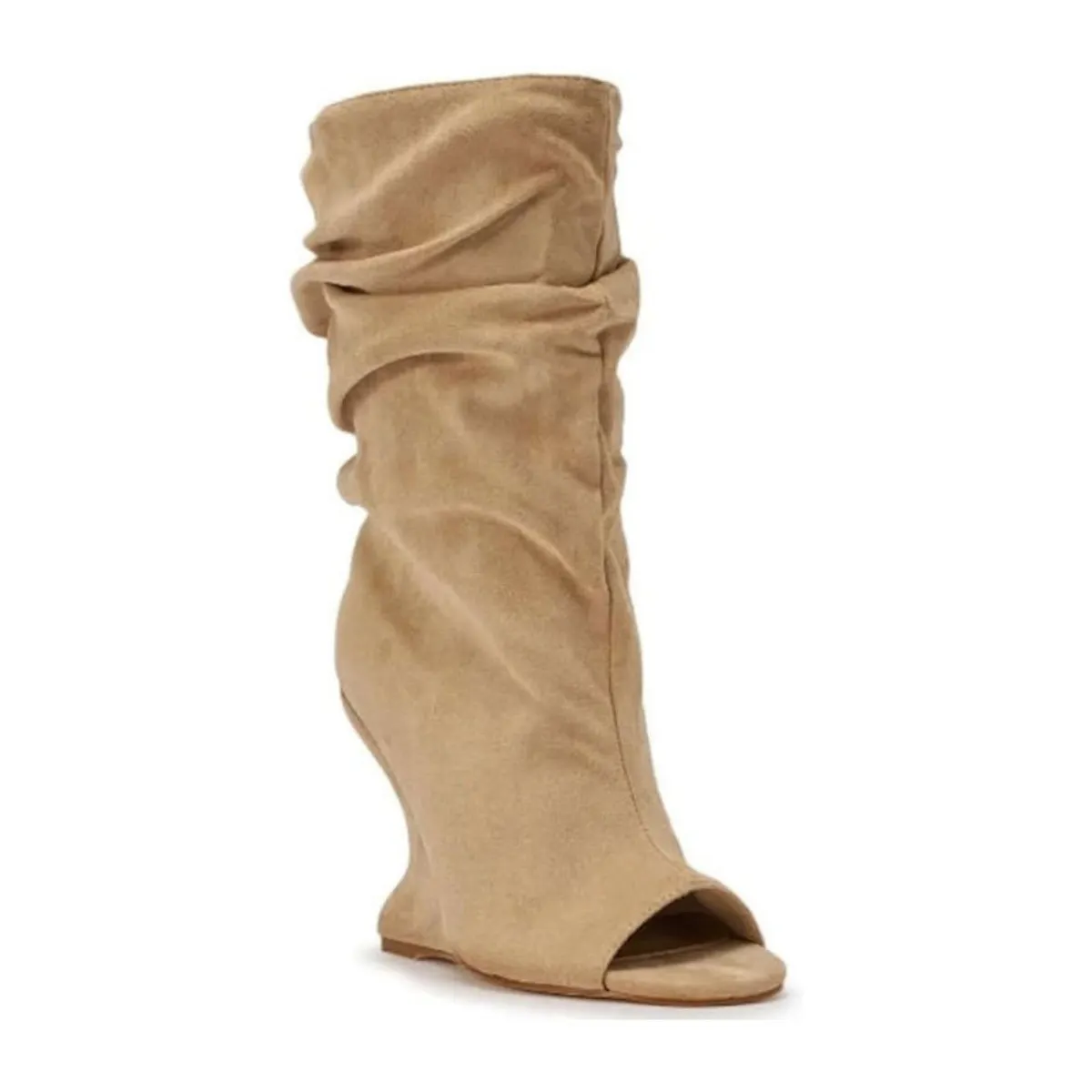 100mm Slouch Ruched Peep Toe Mid Calf Boots Irregular Curved Wedge Heel Suede Fold Over Tall Booties -MERUMOTE