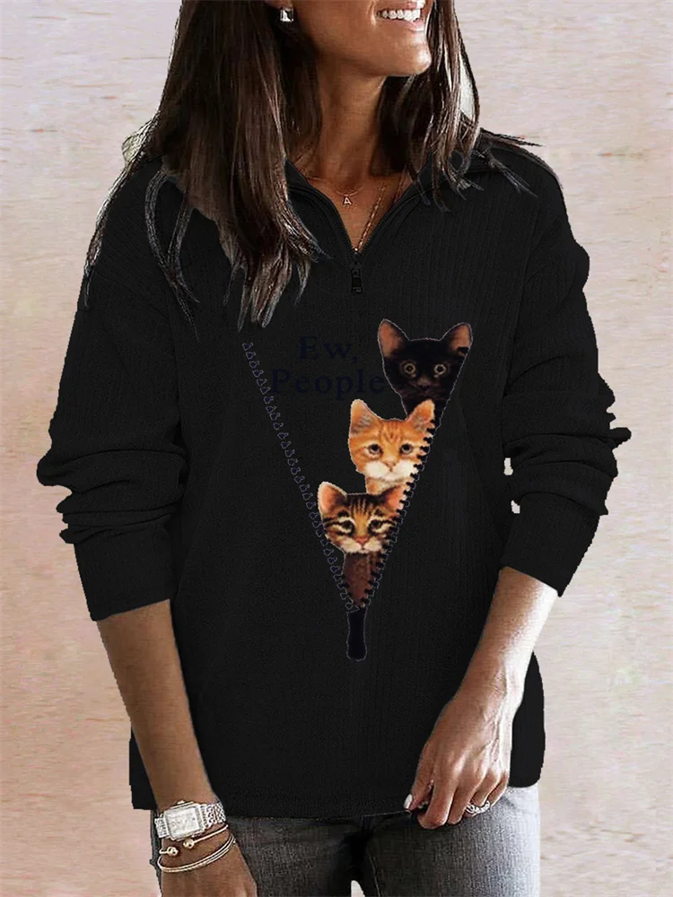 Ew People Funny Peeking Cats Zip Up Knit Pullover