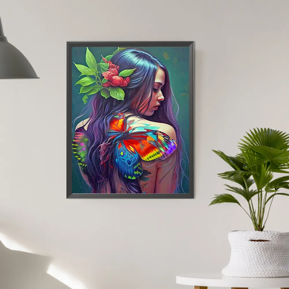 Full Round Diamond Painting 40*50cm - Girl With Butterfly Painting On Back
